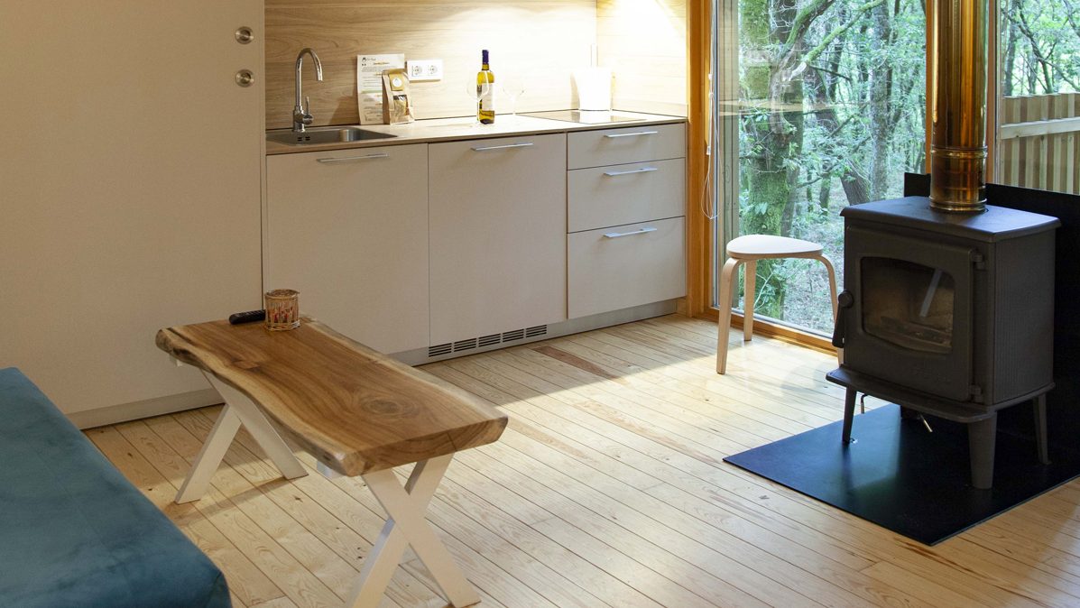 cabaña bosque con chimenea y cocina